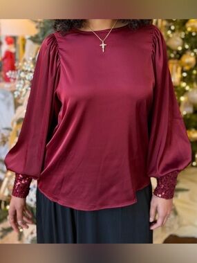 Women’s Elegant Burgundy Balloon Sleeve Top w/ Sequin Cuffs